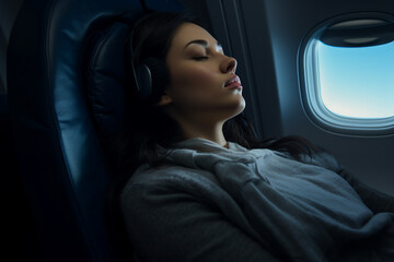 Naklejka premium Positive person inside modern airplane jet passenger pilot, traveling by air, Generative AI photo