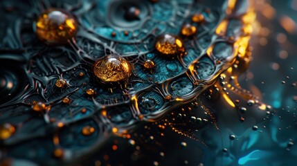 A close up of a piece of art with many small beads and droplets of water