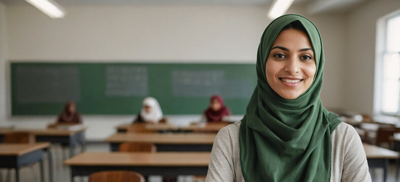 Happy Muslim woman teacher wearing hijab is standing in school classroom with children. Arabic woman and school education