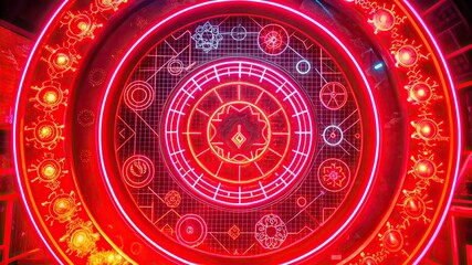 Obraz premium Red neon circular pattern with glowing symbols