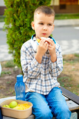 school meals, a student's child has lunch on the street with a hamburger, a boy eats sandwiches before school, a student's fast food.
