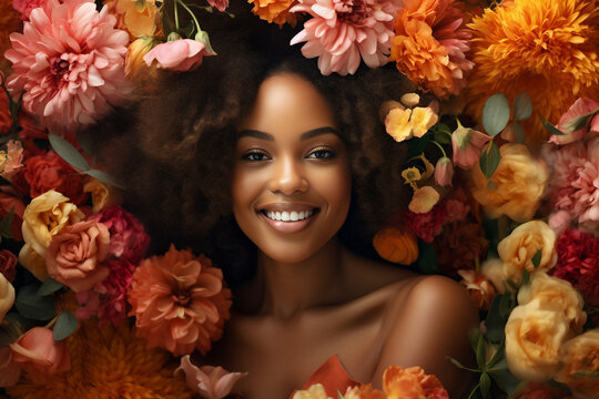 Lovely gorgeous woman completely surrounded by spring flowers AI generative image - Powered by Adobe