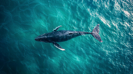 Obraz premium Aerial View of a Humpback Whale Gliding through Clear Turquoise Waters, Serene Marine Life Scene