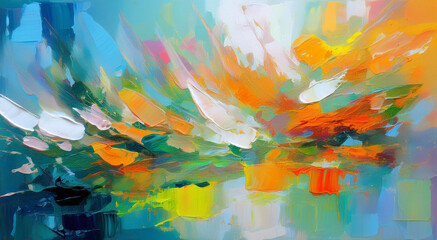 Vibrant Abstract Artwork Featuring Bold Colors and Dynamic Brushstrokes on Canvas.