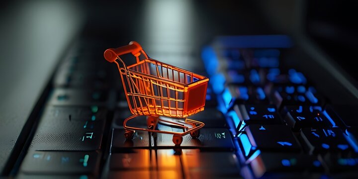 A shopping cart is on a computer keyboard.sales data economic growth graph on computer screen, Electronic commerce