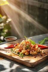 Thai food cuisine close-up view on rustic kitchen top background.