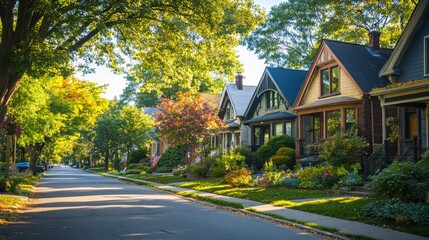 Quiet residential city view with charming houses, tree-lined streets, and a peaceful neighborhood atmosphere.