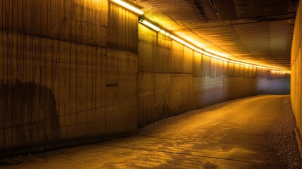 Illuminated Underground Tunnel Wall with Lights under a Bridge Creating a Dramatic and Mysterious...