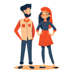 Young couple smiling, man beard wearing casual shirt standing beside woman red skirt blue blouse. Man woman happy, looking confident, hands, stylish modern casual clothing, young adults