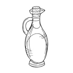 Glass bottle for oil, drinks, vinegar, monochrome vector illustration isolated on white background. Bottle for canola oil, olive, hand drawn sketch