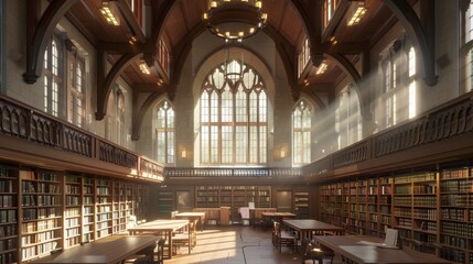 Obraz premium Sunlit Library Interior with Bookshelves and Tables.