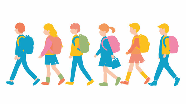 Six children walking side side, carrying backpack. Colorful simple vector illustration kids casual clothing going school. Diverse group boys girls shown profile view