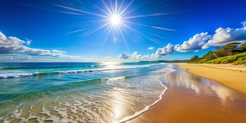 Obraz premium Sunny and beautiful beach with calm waves and clear blue skies, sunny, beautiful, beach, waves, calm, clear, blue skies