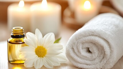 Spa Day Essentials White Towel, Essential Oil and Daisy.