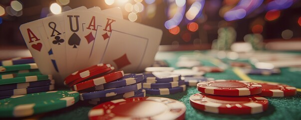 Fototapeta premium gambling chips in the casino fly and fall on the table with money in the rays of light