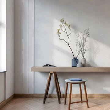 Aesthetic elegant minimalist japandi interior design. Clear mock up empty wall for decoration. Copy space. Neutral palette of natural colors.