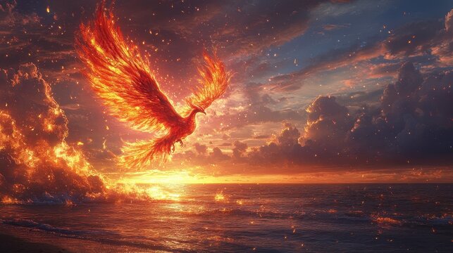 A beautiful phoenix with fiery feathers, flying over a sparkling ocean at sunrise