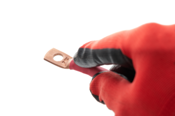 Electric high voltage copper busbar in hand. Grounding electric busbar with cable,