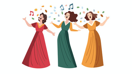 Three female singers performing, joyful expression, colorful dresses. Women singing together, musical notes floating around, celebration concept. Trio singers elegant attire, animated characters