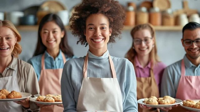 Group of women enjoying baking together in a bright kitchen