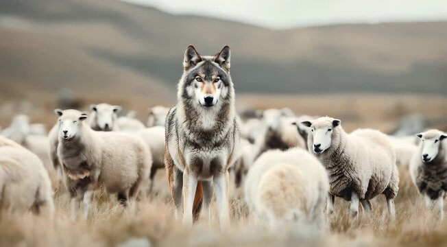 A wolf standing amidst a flock of sheep in a pastoral field with hills in the background.