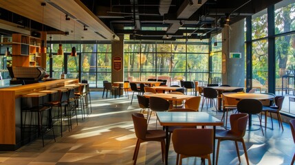 Modern Cafe Interior with Large Windows and Natural Light.