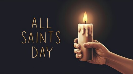 All Saints Day, Poster, Banner,  commemoration with a hand holding a lit candle against a dark background,