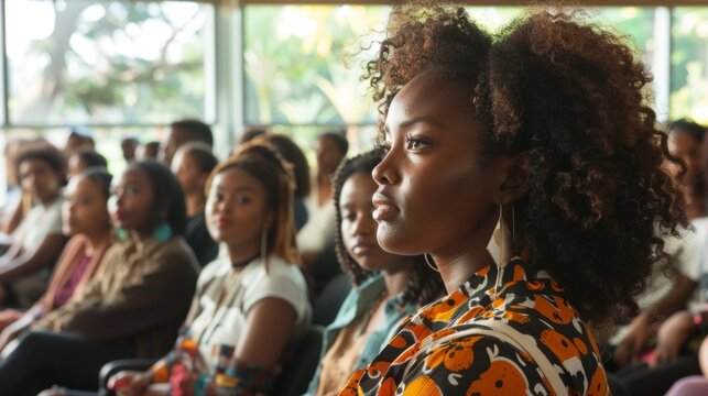 Young African American Woman Listening Attentively in a Group.