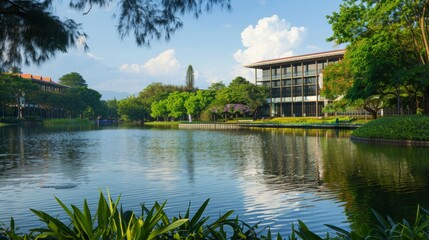 Obraz premium Tranquil Pond with Modern Building and Lush Greenery.
