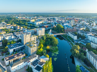 View from a drone along the Brda River in downtown Bydgoszcz