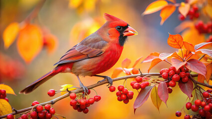Fototapeta premium bird red cardinal on a branch, red berries, autumn yellow leaves on the trees, fall, season, September, October, November, ornithology, feathers, animals, bird watching, beak, wings, color, forest