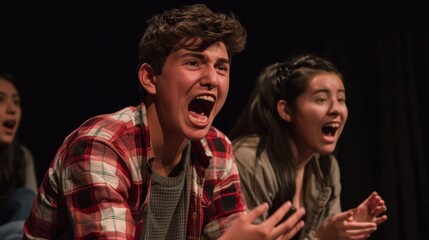 Students Performing Comedic Skit with Exaggerated Expressions and Humorous Interactions on Stage