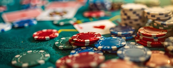 Obraz premium gambling chips in the casino fly and fall on the table with money in the rays of light
