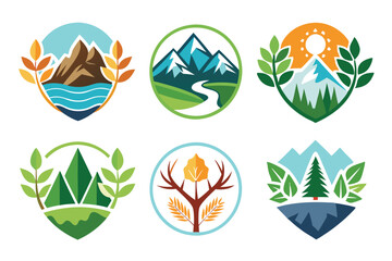 Six Colorful Nature-Themed Logos Featuring Mountains, Trees, and Leaves
