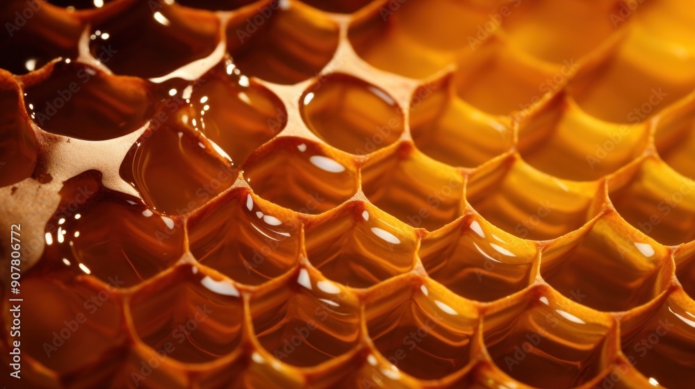 Poster a close-up shot of a honeycomb's intricate hexagonal pattern