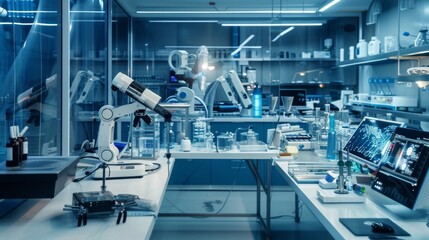 Modern Laboratory Interior with Robotic Arm and Microscope.