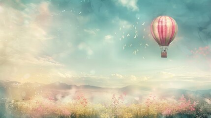 Obraz premium A Hot Air Balloon Ascending Over a Lush, Floral Landscape with a Blue Sky