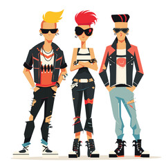 Three young adults dressed punk fashion stand confidently. Characters sporting mohawks, leather jackets, sunglasses exude rebellion. Stylized punk group, trendy attire, colorful design, illustration