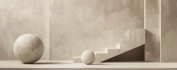 Minimalist beige background featuring geometric shapes including spheres and stepped structures, perfect for modern conceptual designs.