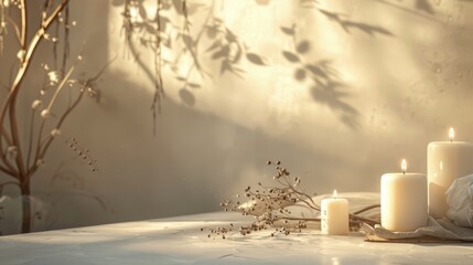 Serene scene with lit candles casting soft shadows on the wall, accompanied by delicate dried flowers on a minimalist surface.