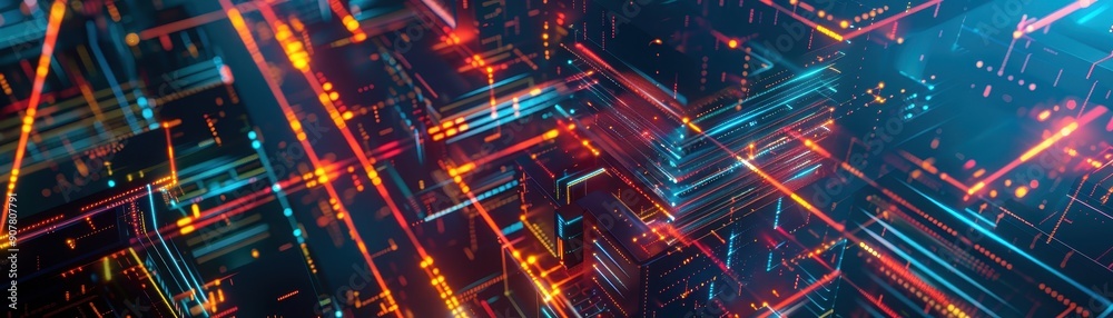 Poster abstract futuristic digital city with glowing lights and complex circuits, representing advanced tec