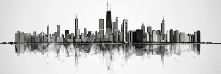 Obraz premium A black and white illustration of the city skyline of Chicago, including all skyscrapers