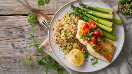 Healthy Dinner Plate with Baked Cod, Quinoa Salad, and Steamed Asparagus on Rustic Wooden Table