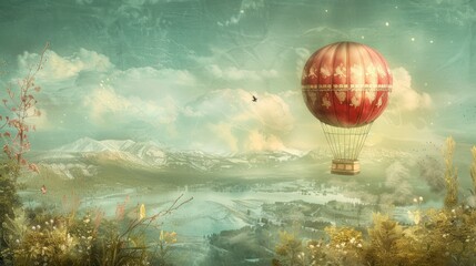 Fototapeta premium Red Hot Air Balloon Soaring Over a Misty Mountain Landscape