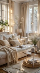 Cozy Room in Light Tones, Warm and Inviting Interior Design with Soft Colors, Comfortable Living Space with Natural Light and Tranquil Atmosphere