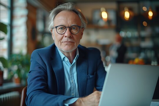 A confident senior businessman working on a laptop in the office, wearing glasses and a blue suit - Powered by Adobe