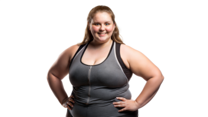 A curvy girl of large size in stylish sportswear poses in a studio portrait on a white and transparent background,