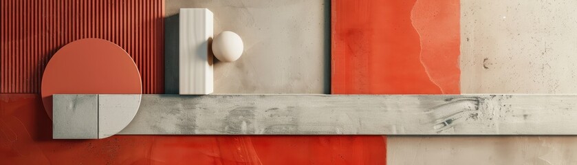 Abstract geometric composition with red and beige shapes. Minimalist design featuring spheres, lines, and rectangles in a modern style.