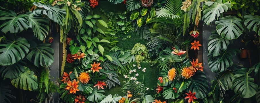 Lush green tropical jungle with vibrant orange flowers and dense foliage. This vibrant photo captures the lushness of a tropical paradise.