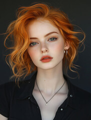 Fototapeta premium A stunning portrait featuring a young red-haired woman with flawless skin, wearing a black shirt and necklace.